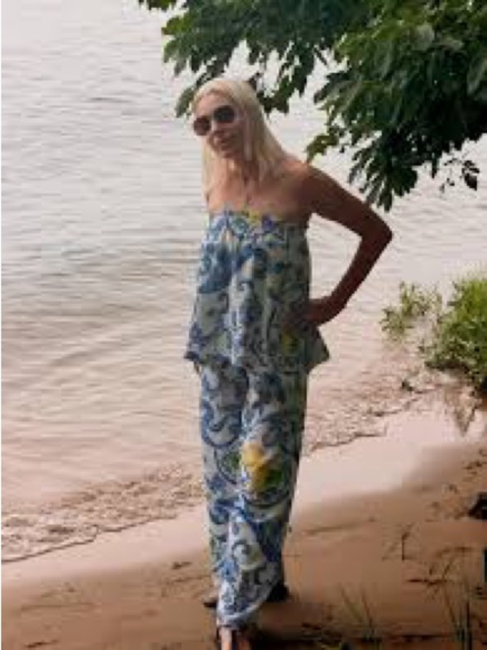 Love Tree Strapless Wide-Leg Jumpsuit in Blue, White & Yellow Paisley